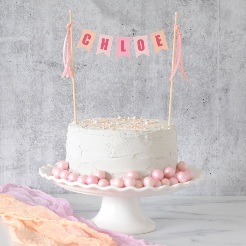 Girls Birthday Cake Topper Pink and Peach Personalized Cake Topper for Girls Pastel Name Birthday Cake Topper image 1