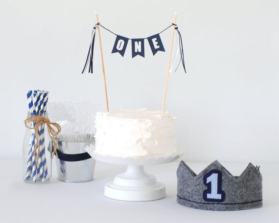 Boys 1st Birthday Crown And Cake Topper Set Navy Blue Boys Etsy