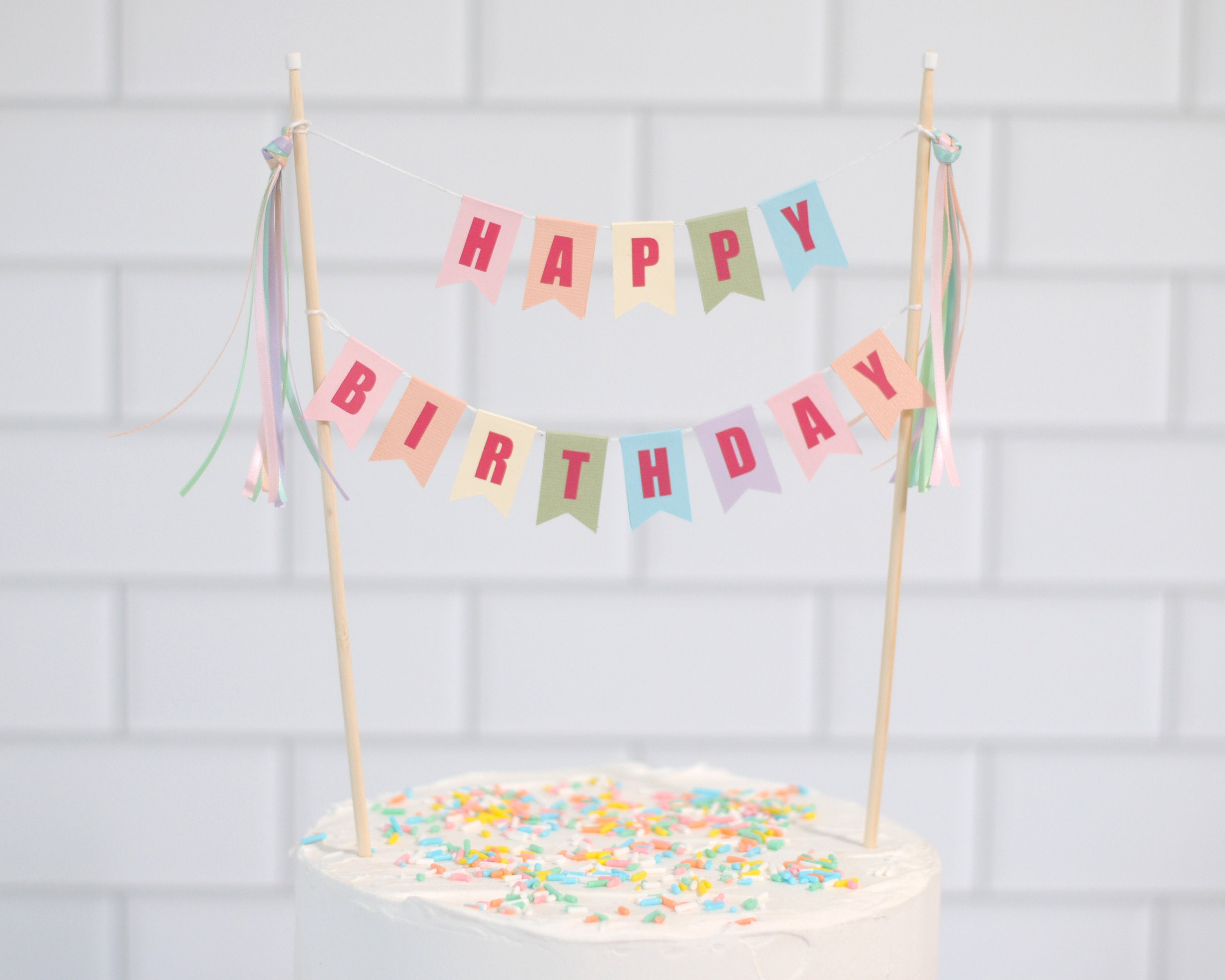 HAPPY BIRTHDAY Cake Topper Banner | Pink & Pastel Cake Decoration For Girls Birthday Party | Kids Birthday Cake Accessory