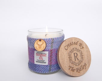 Personalised Soy Candle Amber & Lavender Fragrance with Purple Harris Tweed Sleeve