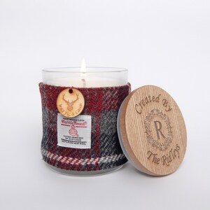 Wild Fig & Cassis Soy Candle with Harris Tweed Sleeve and Personalised Bamboo Lid Thank you, Miss You, Love You image 6