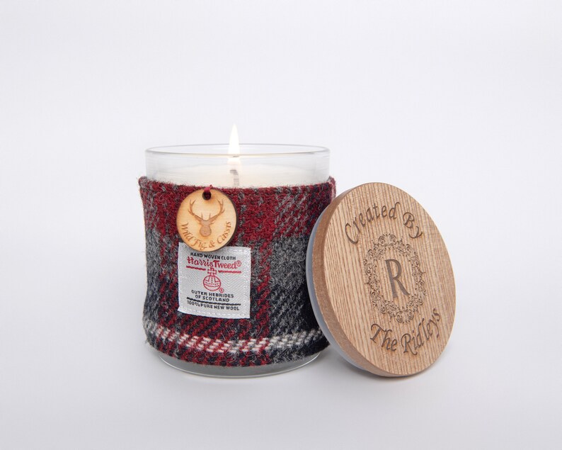 Wild Fig & Cassis Soy Candle with Harris Tweed Sleeve and Personalised Bamboo Lid Thank you, Miss You, Love You image 6