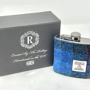 Personalised Gift for Him - Blue Harris Tweed Hip Flask