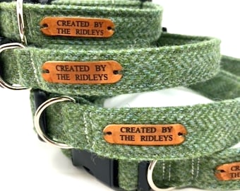 Handmade Green Herringbone Tweed Dog Collar - British Style
