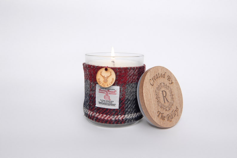 Wild Fig & Cassis Soy Candle with Harris Tweed Sleeve and Personalised Bamboo Lid Thank you, Miss You, Love You image 9