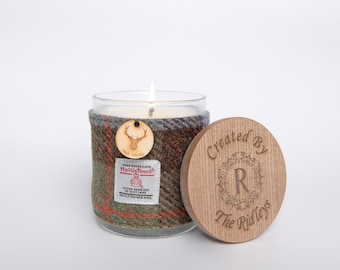 Malt Whisky Scented Soy Candle with Harris Tweed Sleeve and Personalised Bamboo Lid - Thank you, Miss You, Love You