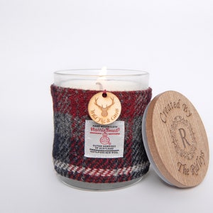 Wild Fig & Cassis Soy Candle with Harris Tweed Sleeve and Personalised Bamboo Lid Thank you, Miss You, Love You image 4