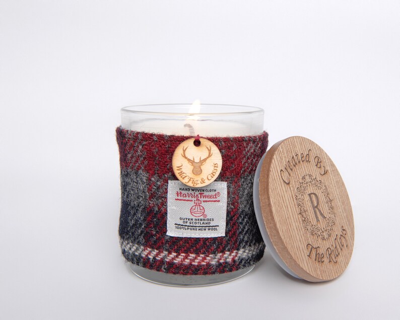 Wild Fig & Cassis Soy Candle with Harris Tweed Sleeve and Personalised Bamboo Lid Thank you, Miss You, Love You image 4