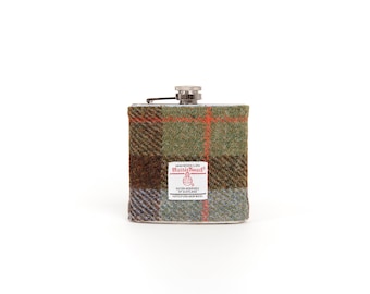Scatola regalo con fiaschetta personalizzata in Harris Tweed – Fiaschetta in tartan per papà