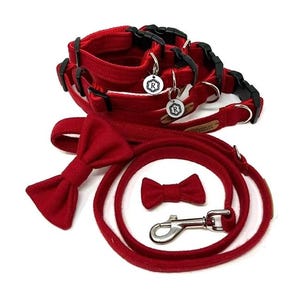 Può includere: Set di collare, guinzaglio e papillon rosso per cani. Il collare ha due ciondoli argentati con la lettera "R" su di essi. Il guinzaglio ha un moschettone argentato.