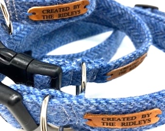 Handmade Blue Herringbone Tweed Dog Collar - British Made