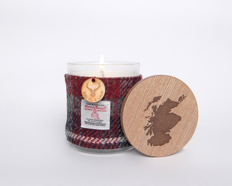 Wild Fig & Cassis Soy Candle with Harris Tweed Sleeve and Personalised Bamboo Lid Thank you, Miss You, Love You image 3