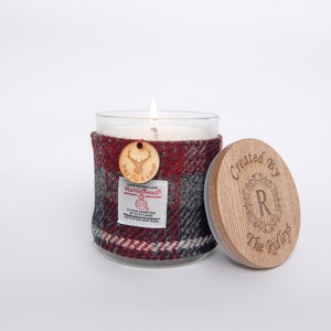 Wild Fig & Cassis Soy Candle with Harris Tweed Sleeve and Personalised Bamboo Lid Thank you, Miss You, Love You image 5