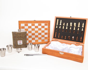 Chess Set complete with Harris Tweed 6oz Hip Flask, Funnel and 4 cups