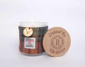 Pomegranate Noir Soy Candle with Harris Tweed Sleeve and Personalised Bamboo Lid - Thank you, Miss You, Love You