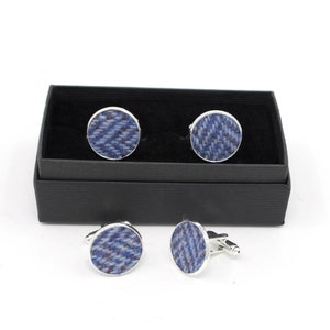 Harris Tweed Cufflinks wedding best man groom Blue Herringbone HT05