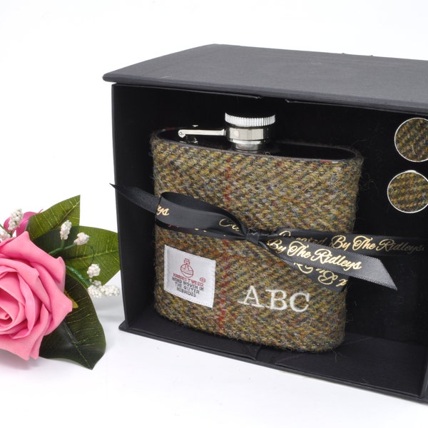 Groomsmen Gift Box Personalised Harris Tweed Hip Flask - HT09, Best Man, Father of the Bride, Wedding Gift, Gift Boxed