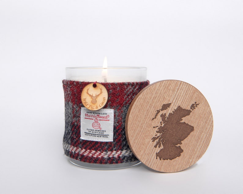 Wild Fig & Cassis Soy Candle with Harris Tweed Sleeve and Personalised Bamboo Lid Thank you, Miss You, Love You image 10