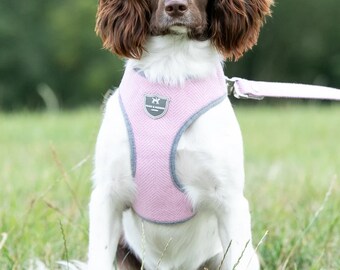 Pink Herringbone Tweed Dog Harness