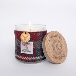 Wild Fig & Cassis Soy Candle with Harris Tweed Sleeve and Personalised Bamboo Lid Thank you, Miss You, Love You image 1