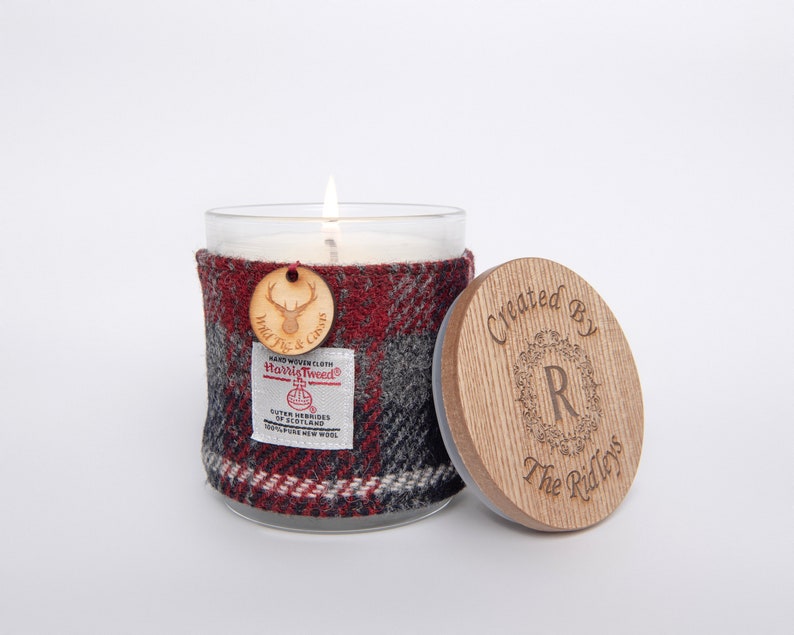 Wild Fig & Cassis Soy Candle with Harris Tweed Sleeve and Personalised Bamboo Lid Thank you, Miss You, Love You image 1