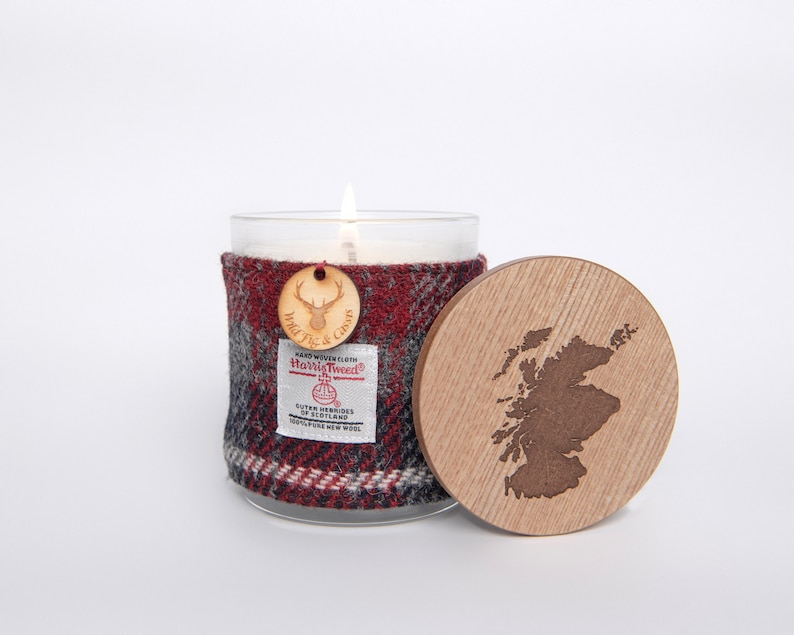 Wild Fig & Cassis Soy Candle with Harris Tweed Sleeve and Personalised Bamboo Lid Thank you, Miss You, Love You image 7