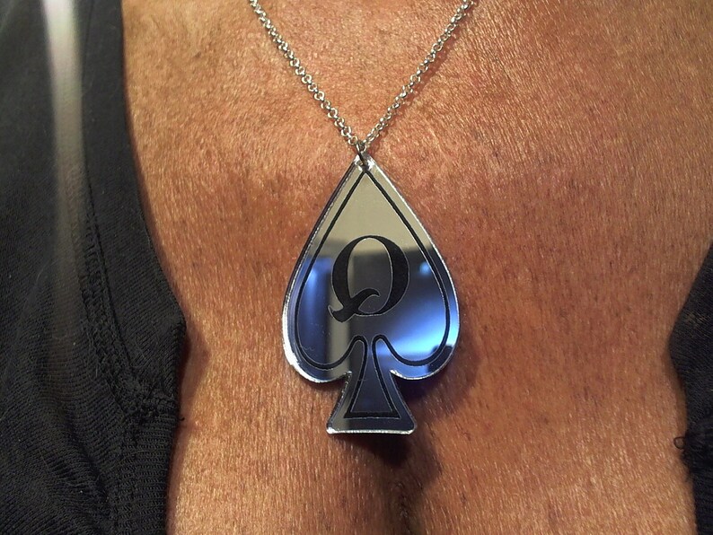 Queen of Spades laser cut mirrored acrylic swinger lifestyle necklace 18 silver chain