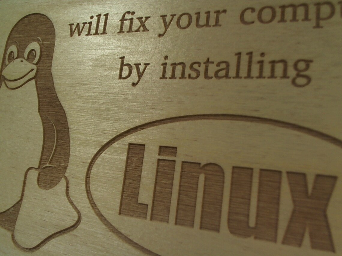 Laser Cut Etched Linux Sign Computer Tech Desk With Matching Stand Wood ...