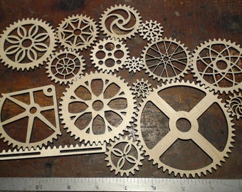 Lot of 16 Steampunk wood gears and rack laser cut unique gears decoration