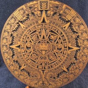 CNC Engraved v-carved Aztec Myan calendar decoration W/ stand