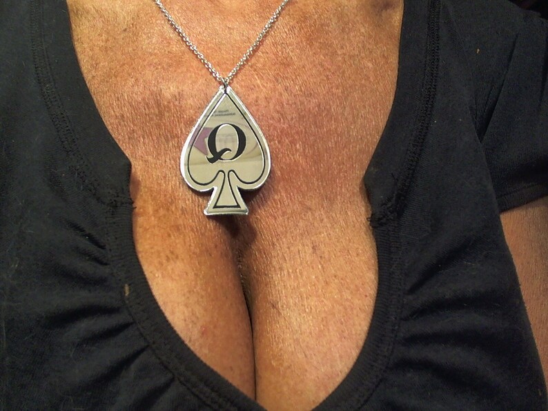 Queen of Spades laser cut mirrored acrylic swinger lifestyle necklace 18 silver chain