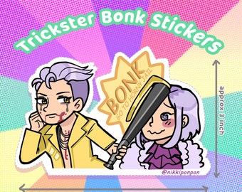 May include: A die-cut sticker featuring two anime-style characters, one with purple hair in a yellow jacket and one with light purple hair, holding a black bat. A yellow starburst graphic reads BONK GO TO HORNY JAIL. Dimensions are 4 by 3 inches.