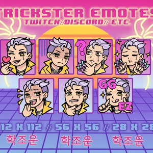 May include: A digital collection of seven character emotes titled TRICKSTER EMOTES TWITCH//DISCORD// ETC. featuring a person with light purple hair and a yellow jacket in various expressions, with sizes 112 x 112, 56 x 56, and 28 x 28 listed below.
