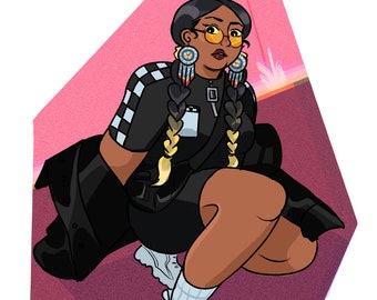 May include: A digital illustration of a person with dark hair in two braids, wearing yellow-tinted glasses, large circular earrings, a black shirt with a checkered sleeve, a black jacket, black shorts, white socks, and chunky white sneakers.