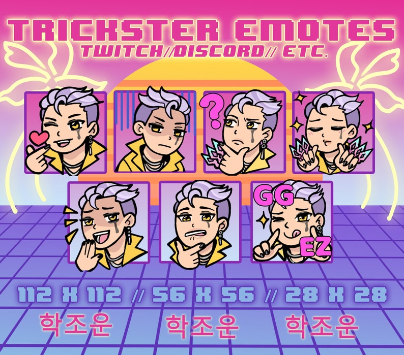 May include: A digital collection of seven character emotes titled TRICKSTER EMOTES TWITCH//DISCORD// ETC. featuring a person with light purple hair and a yellow jacket in various expressions, with sizes 112 x 112, 56 x 56, and 28 x 28 listed below.