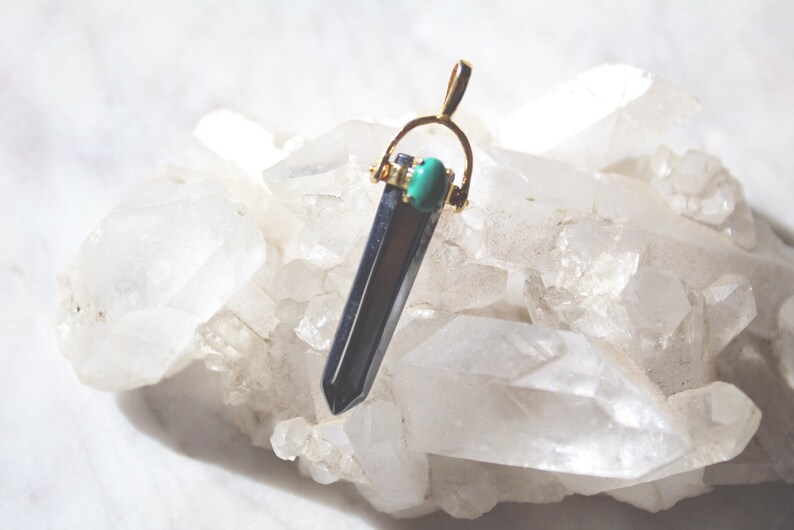 Vintage Hematite Crystal Point /& Malachite Gold-filled Pendant