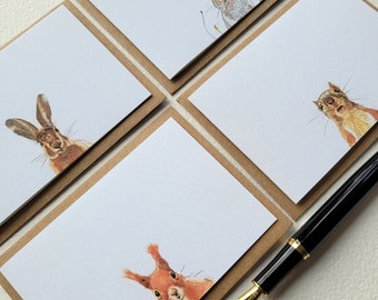 Wild animal print mini note cards, squirrels, rabbit, hare notelets with envelopes. Eight note cards.