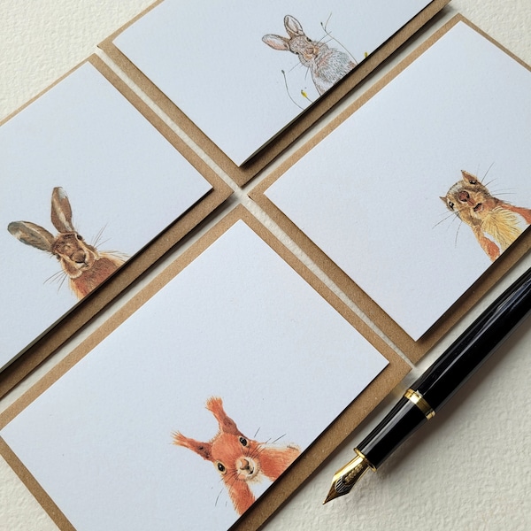 Wild animal print mini note cards, squirrels, rabbit, hare notelets with envelopes. Eight note cards.