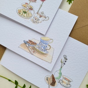 Afternoon Tea note card set with kraft brown envelopes, useful gift, birthday cards, pretty stationery. Six card set.