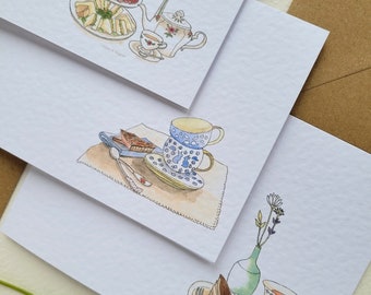 Afternoon Tea note card set with kraft brown envelopes, useful gift, birthday cards, pretty stationery. Six card set.