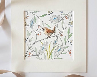 Wren botanical print, miniature fine art mounted print, ready to frame.