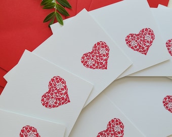 Red Heart mini note cards and envelopes, love heart stationery, pack of 8.