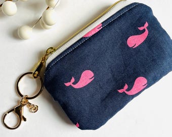 Handmade Pink Whale Coin Purse: Preppy Nautical Zipper Pouch