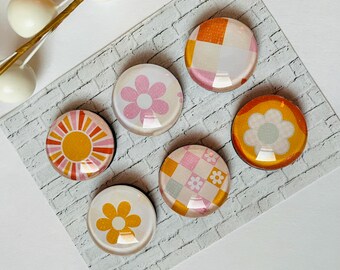 Flower Power Glass Magnets: Retro Office Decor, Set of 6