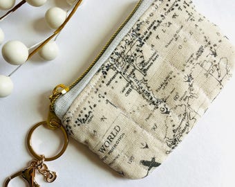 Quilted Map Coin Purse: Handmade Travel Zipper Pouch with Keychain