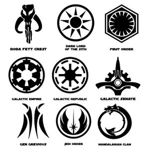 May include: A collection of nine black graphic icons on a white background, featuring symbols labeled Boba Fett Crest, Dark Lord of the Sith, First Order, Galactic Empire, Galactic Republic, Galactic Senate, Gen Grevious, Jedi Order, and Mandalorian Clan.