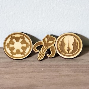 Star Wars Wooden Lapel Pin – Jedi, Empire, or Mandalorian Insignia
