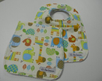 Baby bib and burpcloth, Gender neutral bib,  Baby shower gift, Baby bib, zoo animal bib, zoo animal burpcloth, blue, green, yellow bib