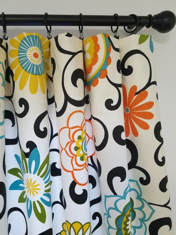 Curtains Curtain Panels Black Yellow Orange And Turquoise Etsy