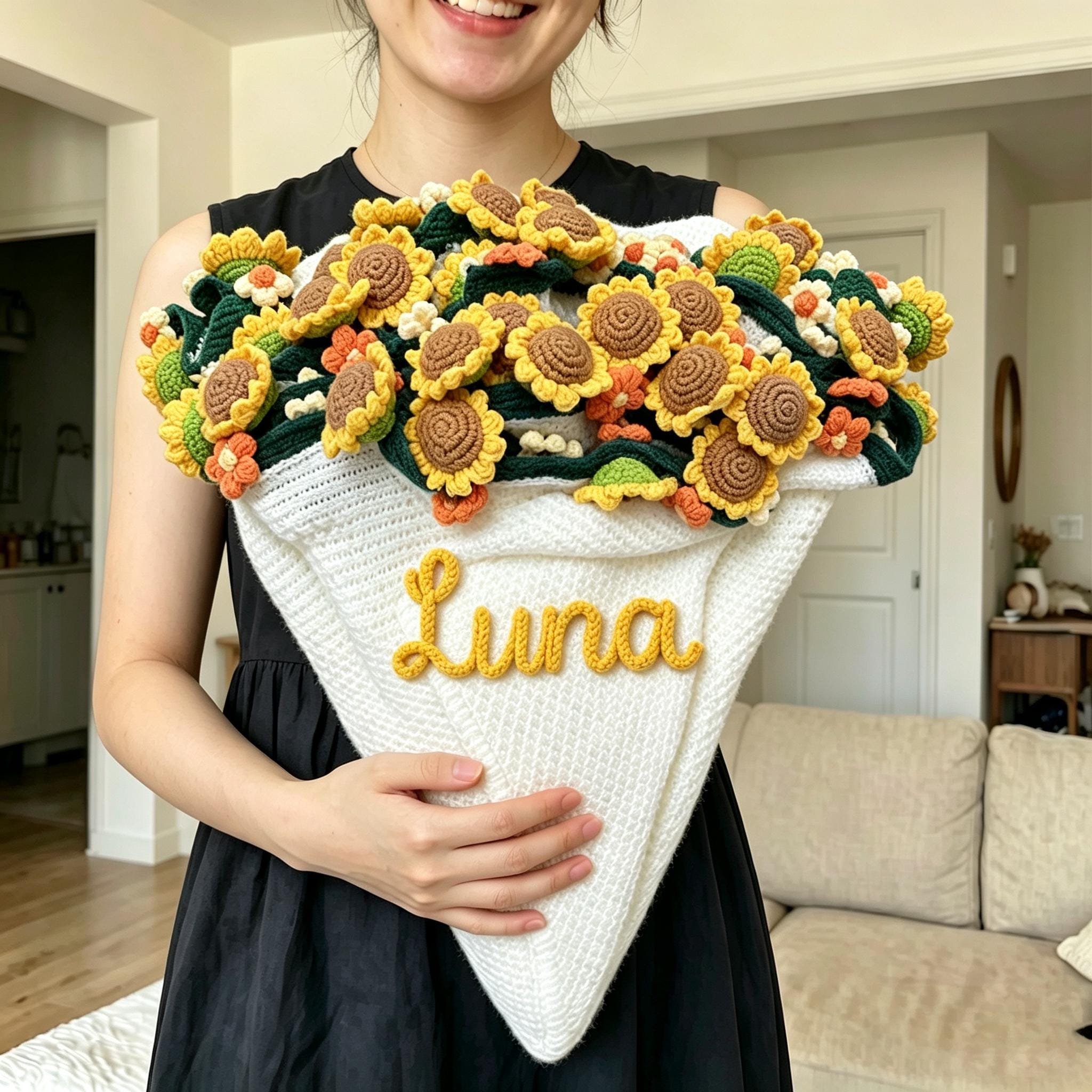 パーソナライズされたかぎ針編みのバラの花束ブランケット：名前刺繍